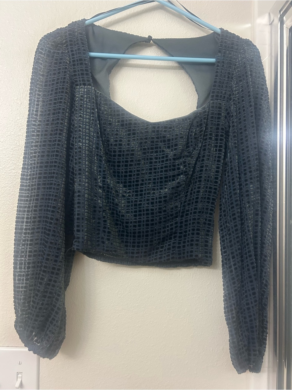 Long-Sleeve Black Velvet Grid Crop Top LUSH